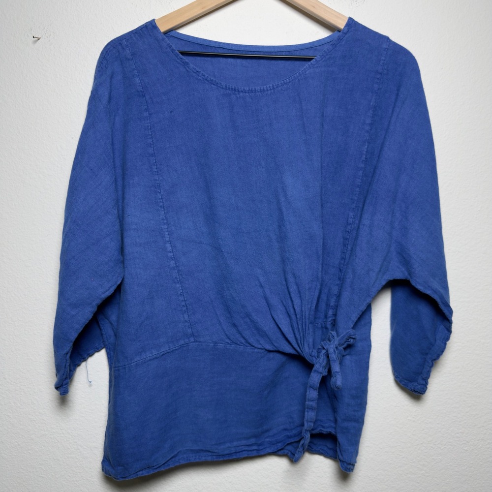 Pronto Moda Women 100% Linen Top Blue Side Tie Top Artsy Lagenlook Coastal